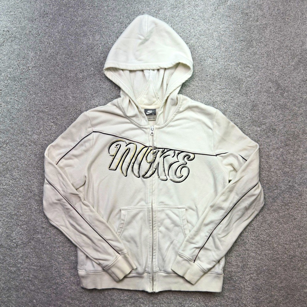 Y2K Vintage Nike Full Zip Hoodie White Script Logo Youth Large Women's XS/S